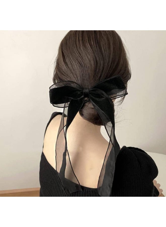 CLENEA 2Pcs Black Hair Bows Clips, Women Bow Hair Clips, Long Velvet Hair Bow, Hair Ribbons, Tails Bowknot Hair Barrette, Snap Hair Clip, Hair Accessories Gift, for Women, Girls, Adult - Image 2